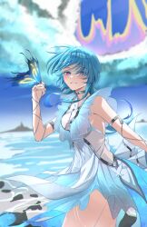 1girl absurdres armlet blue_butterfly blue_hair blue_nails blurry blurry_background breasts bug butterfly colored_eyelashes commentary dress from_side highres insect jewelry large_breasts looking_at_viewer nail_polish no_veil outdoors parted_lips purple_eyes rin0_(gujrv) shorekeeper_(wuthering_waves) sleeveless sleeveless_dress smile solo white_dress wuthering_waves