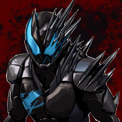 Rule 34 | 1boy, armor, asymmetrical armor, black armor, blue eyes, bodysuit, commentary, commentary request, compound eyes, demon boy, driver (kamen rider), helmet, ink, kamen rider, kamen rider jack revice, kamen rider revi, kamen rider revice, male focus, monsterification, official alternate costume, red background, rence, scarf, sharp teeth, shoulder armor, simple background, spiked armor, splatter background, splatter print, teeth, tokusatsu, upper body