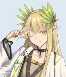 Rule 34 | 1girl, arknights, arm up, blonde hair, blue background, bowlp, closed mouth, coat, commentary, elf, hair between eyes, hair ornament, infection monitor (arknights), lab coat, laurel crown, laurels, long hair, long sleeves, looking at viewer, mole, mole under eye, muelsyse (arknights), nail polish, one eye closed, open clothes, open coat, pen in pocket, pointy ears, red nails, sidelocks, simple background, smile, solo, upper body, v, wide sleeves, yellow eyes