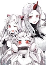 Rule 34 | 10s, 3girls, ;d, abyssal ship, ahoge, airfield princess, atoshi, blush, breasts, claws, colored skin, commentary request, double v, dress, fang, horns, kantai collection, large breasts, long hair, looking at viewer, mittens, multiple girls, northern ocean princess, one eye closed, open mouth, pale skin, red eyes, seaport princess, simple background, single horn, smile, v, very long hair, white hair, white skin
