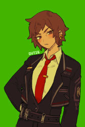 Rule 34 | 1girl, black jacket, black pants, black vest, blush, brown eyes, brown hair, collared shirt, green background, highres, jacket, limbus company, necktie, outis (project moon), pants, parted lips, project moon, red necktie, shirt, short hair, simple background, solo, uchimura (rino0525), vest, white shirt