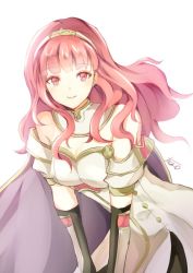 Rule 34 | 1girl, atoatto, bare shoulders, celica (fire emblem), dress, fire emblem, fire emblem echoes: shadows of valentia, fire emblem gaiden, long hair, looking at viewer, nintendo, pink hair, red eyes, red hair, simple background, smile, solo, tiara, white background
