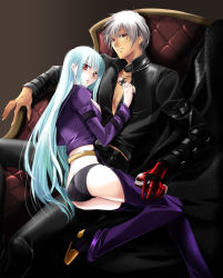 Rule 34 | 1boy, 1girl, ass, black panties, blue hair, boots, breasts, can, chair, chaps, coco (eccentricrouge), couple, cross, cross necklace, drink can, gloves, hetero, jewelry, k&#039; (kof), kula diamond, long hair, lounge chair, necklace, open clothes, open shirt, panties, red eyes, shirt, short hair, single glove, sitting, sitting on person, small breasts, snk, soda can, the king of fighters, underwear, very long hair, white hair
