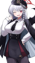 Rule 34 | 1girl, ;d, black hat, black necktie, black pantyhose, black skirt, blue archive, braid, grey hair, halo, haruna (blue archive), hat, highres, looking at viewer, necktie, one eye closed, open mouth, pantyhose, red eyes, red halo, shirt, simple background, single braid, skirt, smile, solo, white background, white shirt, yun (kbdenz9)