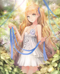 Rule 34 | 1girl, bare shoulders, blonde hair, breasts, day, dress, green eyes, highres, lips, long hair, looking at viewer, meto31, original, outdoors, ribbon, scrunchie, side ponytail, small breasts, smile, solo, very long hair, wavy hair, white dress