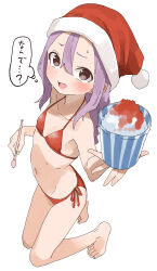 Rule 34 | 1girl, absurdres, barefoot, bikini, blush, brown eyes, collarbone, commentary request, feet, flat chest, food, hair between eyes, hat, highres, holding, holding spoon, ice cream, legs, long hair, looking at viewer, navel, open mouth, purple hair, red bikini, red hat, santa hat, side-tie bikini bottom, simple background, solo, soredemo ayumu wa yosetekuru, spoon, swimsuit, thought bubble, toenails, toes, translation request, white background, yamamoto souichirou, yaotome urushi