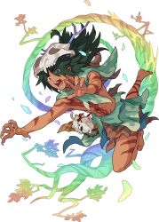Rule 34 | 1boy, acorn, animal skull, arms up, artist request, barefoot, bodypaint, braid, branch, capelet, claws, constricted pupils, dark-skinned male, dark skin, eyes visible through hair, fangs, full body, green capelet, green hair, hair over one eye, hair tie, hao (world flipper), highres, leg ribbon, leg up, loincloth, long hair, looking down, male focus, messy hair, navel, non-web source, official art, open mouth, outstretched arms, purple eyes, rainbow gradient, red ribbon, ribbon, sharp teeth, sidelocks, simple background, single braid, skull, skull on head, solo, stick, stitches, stomach, stuffed animal, stuffed cat, stuffed toy, teeth, toned, toned male, topless male, torn clothes, transparent background, tribal, v-shaped eyebrows, wide-eyed, world flipper