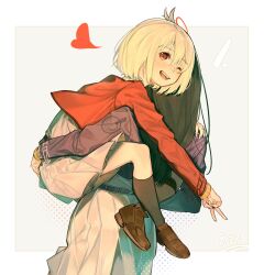 Rule 34 | 2girls, belt, black hair, black socks, blonde hair, blue belt, blue dress, blush, bob cut, border, brown footwear, carrying, carrying person, chinese commentary, commentary request, dated, dkl (dinosaurkl2), dress, grey dress, hair between eyes, hair ribbon, heart, highres, hug, inoue takina, kneehighs, loafers, long hair, long sleeves, looking at viewer, lycoris recoil, lycoris uniform, multiple girls, nishikigi chisato, one eye closed, one side up, open mouth, outside border, pleated dress, red dress, red eyes, red ribbon, ribbon, shoes, short hair, simple background, socks, teeth, two-tone dress, upper teeth only, v, white background, white border, yuri