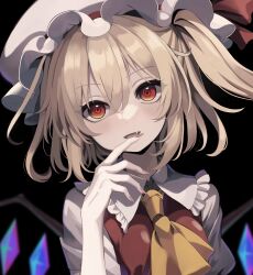 Rule 34 | 1girl, absurdres, ascot, blonde hair, collared shirt, crystal, fang, fingernails, flandre scarlet, frilled shirt collar, frills, hair between eyes, hat, highres, long hair, looking at viewer, mob cap, nail polish, one side up, open mouth, red eyes, red nails, shirt, short sleeves, smile, solo, touhou, upper body, white hat, white shirt, wings, wottosei, yellow ascot