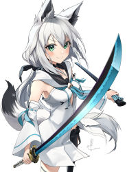 Rule 34 | 1girl, animal ear fluff, animal ears, black shorts, blue neckerchief, blush, bow, braid, breasts, commentary request, detached sleeves, fox ears, fox girl, fox tail, green eyes, hair between eyes, hair bow, highres, holding, holding sheath, holding sword, holding weapon, hololive, hood, hoodie, katana, kito koruta, long hair, looking at viewer, neckerchief, pentagram, sheath, shirakami fubuki, shirakami fubuki (1st costume), shorts, sidelocks, signature, simple background, single braid, single thighhigh, small breasts, smile, solo, sword, tail, thigh strap, thighhighs, virtual youtuber, weapon, white background, white hair, white hoodie