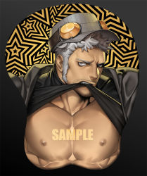 Rule 34 | 1boy, bara, bare pectorals, black shirt, breast mousepad, clothes lift, cropped torso, dark-skinned male, dark skin, facial hair, frown, grey headwear, headphones, headphones removed, iwai munehisa, jacket, large pectorals, lifted by self, long sideburns, looking at viewer, male focus, mature male, mousepad, mousepad (medium), mouth hold, muscular, muscular male, na insoo, nipples, open clothes, open jacket, pectoral focus, pectorals, persona, persona 5, sample watermark, shirt, shirt lift, short hair, sideburns, silver hair, solo, stubble, watermark