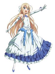 Rule 34 | 1girl, absurdres, blonde hair, blue eyes, dress, elbow gloves, fang, full body, gloves, highres, long hair, looking at viewer, open mouth, outstretched arm, rokujouma no shinryakusha!?, simple background, sleeveless, solo, theiamillis gre fortorthe, white background, white legwear