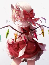 Rule 34 | 1girl, back, blonde hair, bow, dress, fami (yellow skies), fangs, flandre scarlet, floating hair, frills, hair between eyes, hat, hat bow, highres, long hair, looking back, mob cap, open mouth, petals, puffy short sleeves, puffy sleeves, red bow, red dress, red eyes, red ribbon, ribbon, sash, short sleeves, side ponytail, simple background, skirt hold, slit pupils, smile, solo, touhou, white bow, wings, wrist cuffs