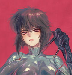 Rule 34 | 1girl, black gloves, commentary request, fujii eishun, ghost in the shell, gloves, kusanagi motoko, purple hair, red background, red eyes, reflection, shadow, short hair, simple background, solo, unfinished, wire