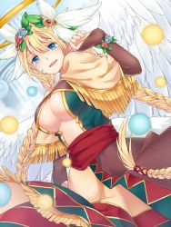 Rule 34 | 1girl, angel, archangel (p&amp;d), blonde hair, blue eyes, blush, braid, breasts, cleavage, column, dress, flower, from behind, hair flower, hair ornament, highres, large breasts, long hair, looking at viewer, looking down, medium breasts, open mouth, pillar, puzzle &amp; dragons, roy (pixiv992911), sash, solo, twin braids, underboob, very long hair, white wings, wings