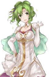 Rule 34 | 1girl, aiueo1234853, bad id, bad twitter id, dress, fire emblem, fire emblem: the sacred stones, gloves, green eyes, green hair, hand on own hip, highres, l&#039;arachel (fire emblem), nintendo, open mouth, shoulder pads, simple background, solo, sparkle, white background, white dress, white gloves