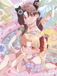 Rule 34 | 2girls, alternate costume, bare shoulders, black hair, black ribbon, blonde hair, candy, character doll, closed mouth, collarbone, commentary request, draw happy set, dumuzid (fate), ereshkigal (fate), fate/grand order, fate (series), food, hair ornament, hair ribbon, hairclip, highres, ishtar (fate), jewelry, lollipop, long hair, looking at viewer, mouth hold, multiple girls, necklace, parted bangs, partially submerged, red eyes, red ribbon, ribbon, siblings, sisters, sitting, smile, swimsuit, tiara, toy, two side up, wading pool, water