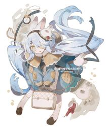 Rule 34 | 1girl, :o, absurdres, animal ears, artist name, bag, bent over, black gloves, black hairband, black ribbon, blue dress, blue eyes, blue hair, boots, bread, brown bag, capelet, child, chuckdaidai, commission, cup, dress, eyepatch, floating hair, food, full body, gloves, hair ornament, hairband, hairclip, highres, holding, holding bag, leaning forward, legs apart, loafers, long hair, long sleeves, looking at viewer, low twintails, open mouth, original, pocket watch, puffy long sleeves, puffy sleeves, rabbit, rabbit ears, ribbon, sash, shoes, simple background, socks, solo, spill, spilling, teacup, twintails, very long hair, watch, watermark, white background, white eyes, white socks, x hair ornament