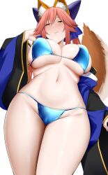 Rule 34 | 1girl, absurdres, animal ear fluff, animal ears, arind yudha, bare shoulders, bikini, blue bikini, blue bow, bow, breasts, cleavage, closed mouth, detached sleeves, fate/extra, fate/grand order, fate (series), fox ears, fox girl, fox tail, hair between eyes, hair bow, highres, large breasts, long hair, looking at viewer, navel, pink hair, sidelocks, solo, swimsuit, tail, tamamo (fate), tamamo no mae (fate/extra), thighs, twintails, wide sleeves, yellow eyes