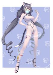 Rule 34 | 1girl, animal ear fluff, animal ears, bdsm, black cat, black footwear, black hair, blue background, bodysuit, bondage, bound, bound ankles, breasts, cat, cat ears, cat girl, cat tail, cleft of venus, condom, condom wrapper, food, full body, green eyes, hand on own hip, high heels, highres, karyl (princess connect!), large breasts, long hair, low twintails, mask, multicolored hair, nipple piercing, nipples, object insertion, piercing, princess connect!, pubic tattoo, pussy, see-through, sex toy, shibari, tail, tattoo, twintails, urethral insertion, vaginal, vaginal object insertion, very long hair, wedgie, white bodysuit, white hair, xiaoxi0619