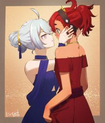 Rule 34 | 2girls, ahoge, black hairband, blue dress, blue eyes, blush, dress, gundam, gundam suisei no majo, hair between eyes, hair bun, hairband, holding another&#039;s head, jewelry, long hair, looking at another, miorine rembran, multiple girls, necklace, niina ryou, off shoulder, red dress, red hair, ring, suletta mercury, thick eyebrows, tiara, upper body, white hair, yuri