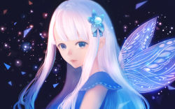 Rule 34 | 1girl, black background, blue eyes, blunt bangs, bow, commentary, dark, fairy wings, fantasy, hair bow, hair ornament, light particles, light smile, lips, long hair, looking at viewer, looking to the side, original, pink hair, sakimori (hououbds), sidelocks, simple background, sleeveless, solo, upper body, wings