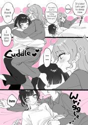 Rule 34 | ..., 2girls, barefoot, blush, closed eyes, closed mouth, commentary, couple, cuddling, english commentary, english text, hand under clothes, hand under shirt, heart, highres, hug, hyaluron &amp; daruma, limited palette, long hair, multicolored hair, multiple girls, original, pajamas, pants, pink theme, shirt, smile, speech bubble, two-tone hair, under covers, yuri