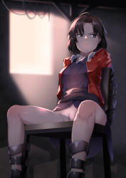 Rule 34 | 1girl, angry, blue eyes, brown hair, commission, hair intakes, jacket, kara no kyoukai, long sleeves, monoglove, pixiv commission, pussy, red jacket, restrained, ryougi shiki, short hair, sitting, solo