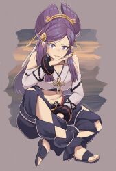Rule 34 | 1girl, absurdres, bare shoulders, breasts, cleavage, fire emblem, fire emblem fates, grey background, hair bun, hair ornament, hair stick, highres, jewelry, kaphrin, large breasts, long hair, looking at viewer, midriff, navel, nintendo, orochi (fire emblem), purple eyes, purple hair, sandals, simple background, smile, solo