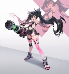 Rule 34 | 1girl, 3d background, absurdres, belt, black hair, clothing cutout, detached sleeves, fang, gatling gun, highres, holding, holding weapon, lilithmy, long hair, miniskirt, navel, navel cutout, necktie, open mouth, original, pink eyes, pink necktie, pink thighhighs, pleated skirt, saltire, science fiction, shadow, sidelocks, single thighhigh, skirt, solo, standing, techwear, thigh belt, thigh strap, thighhighs, twintails, weapon, white background, zoom layer