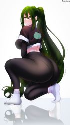 Rule 34 | 1girl, absurdres, artist name, ass, asui tsuyu, boku no hero academia, frog girl, green eyes, green hair, highres, huge ass, kneeling, long hair, looking at viewer, pants, pantylines, ponytail, rezeharu, smile, socks, solo, thick thighs, thighs, tight clothes, tight pants, very long hair, white background, yoga pants