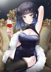 Rule 34 | 1girl, absurdres, alternate costume, armpits, black hair, black thighhighs, blue dress, blue hair, blue nails, breasts, china dress, chinese clothes, cleavage, cleavage cutout, clothing cutout, cup, diagonal bangs, dress, fur (clothing), genshin impact, green eyes, highres, holding, holding cup, large breasts, looking at viewer, multicolored hair, nail polish, parted lips, short hair, side slit, sitting, sleeveless, sleeveless dress, smile, solo, thighhighs, two-tone hair, yelan (genshin impact), yshnc22
