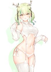 Rule 34 | 1girl, antlers, bare shoulders, black ribbon, blush, branch, breasts, ceres fauna, commentary, cowboy shot, detached sleeves, english commentary, garter straps, green hair, hair between eyes, hair ribbon, highres, hololive, hololive english, horns, leaf, looking at viewer, ma draws, medium breasts, medium hair, meme attire, mole, mole under eye, navel, panties, parted lips, ribbed sleeves, ribbed sweater, ribbed thighhighs, ribbon, side-tie panties, sleeveless, sleeveless sweater, sleeveless turtleneck, sleeves past wrists, solo, stomach, sweater, teeth, turtleneck, turtleneck sweater, twintails, underwear, virgin destroyer sweater, virtual youtuber, white panties, white sleeves, white sweater, yellow eyes