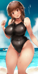 Rule 34 | 2girls, amagami, beach, black one-piece swimsuit, blush, breasts, brown eyes, brown hair, commentary request, competition swimsuit, highres, large breasts, looking at viewer, medium hair, multiple girls, nanasaki ai, one-piece swimsuit, open mouth, puru (ex-150), revision, sakurai rihoko, sky, smile, solo focus, swimsuit, wet