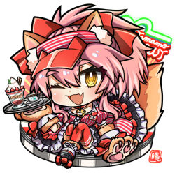 Rule 34 | 1girl, animal ear fluff, animal ears, animal hands, artist request, bell, breasts, cat paws, chibi, collar, collarbone, dress, fang, fate/grand order, fate (series), fox ears, fox girl, fox tail, gloves, hair ribbon, headpiece, jingle bell, long hair, looking at viewer, lostroom outfit (fate), neck bell, one eye closed, paw gloves, paw shoes, pink hair, ponytail, red ribbon, ribbon, roller shoes, roller skates, shoes, simple background, skates, skin fang, solo, striped clothes, striped dress, tail, tamamo (fate), tamamo cat (fate), white background, yellow eyes