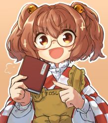 Rule 34 | 1girl, :d, puff of air, apron, bell, book, brown background, checkered clothes, checkered kimono, fingernails, glasses, hair bell, hair ornament, holding, holding book, japanese clothes, jingle bell, kimono, looking at viewer, motoori kosuzu, open book, open mouth, outline, pointing, simple background, smile, solo, touhou, two side up, uisu (noguchipint), upper body, v-shaped eyebrows, white outline