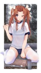 Rule 34 | 1girl, absurdres, alternate costume, between legs, border, bottle, bra visible through clothes, brown hair, buruma, full body, gym uniform, hair ribbon, hand between legs, hand in own hair, highres, kagerou (kancolle), kantai collection, long hair, looking at viewer, no shoes, one eye closed, open mouth, outdoors, parted bangs, purple eyes, ribbon, shirt, sitting, sweat, thighhighs, thighs, toketa-sekai, towel, twintails, underwear, wariza, white border, white ribbon, white shirt, white thighhighs