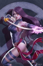Rule 34 | 10s, 1girl, ass, bare shoulders, breasts, elbow gloves, facial tattoo, gloves, glowing, glowing weapon, highleg, highleg leotard, iury padilha, large breasts, leotard, lipstick, long hair, makeup, marvel, psylocke, purple hair, sash, solo, sword, tattoo, thighhighs, weapon, x-men
