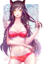 Rule 34 | 1girl, ahri (league of legends), alternate costume, animal ears, artist name, bikini, black hair, breasts, cleavage, collarbone, contrapposto, facial mark, fox ears, fox tail, twirling hair, heather37, highres, league of legends, lips, long hair, looking at viewer, navel, solo, standing, stomach, swimsuit, tail, whisker markings, yellow eyes