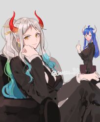 Rule 34 | 2girls, archived source, bad id, bad twitter id, blue hair, blunt bangs, couch, earrings, formal, green hair, grey background, hair ornament, hand on own face, horns, jewelry, joman, light smile, long hair, looking at viewer, mask, middle finger, mouth mask, multicolored hair, multiple girls, necktie, on couch, one piece, pink eyes, pink hair, profile, red horns, short bangs, sidelocks, sitting, streaked hair, suit, ulti (one piece), white hair, yamato (one piece), yellow eyes