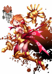 Rule 34 | 1girl, aata1007, ahoge, armband, armor, ass, backless outfit, braid, breasts, full body, gold armor, highres, inkblot, looking at viewer, looking back, love live!, love live! sunshine!!, medium breasts, monkey, orange hair, pink eyes, red eyes, shin guards, short hair, side braid, solo, staff, takami chika, translation request, yellow armor
