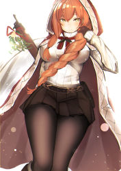 Rule 34 | 1girl, absurdres, alternate hairstyle, black gloves, black pantyhose, black skirt, blush, bolt action, boots, braid, breasts, brown footwear, brown hair, cape, commentary request, fur-trimmed cape, fur trim, girls&#039; frontline, gloves, green eyes, gun, hair between eyes, hair over shoulder, highres, hood, hood up, hooded cape, knee boots, large breasts, long hair, looking at viewer, m1903 springfield, official alternate costume, pantyhose, pleated skirt, pnatsu, red cape, ribbed sweater, ribbon, rifle, sidelocks, simple background, single braid, skirt, smile, solo, springfield (girls&#039; frontline), springfield (o holy night) (girls&#039; frontline), sweater, turtleneck, turtleneck sweater, weapon, white background, white sweater