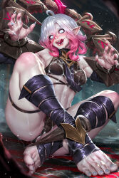Rule 34 | 1girl, ahegao, ankle wrap, breasts, briar (league of legends), crossed legs, fingernails, highres, licking lips, medium breasts, neoartcore, on floor, open mouth, pink hair, pointy ears, restrained, sharp fingernails, sharp teeth, sitting, smoke, suggestive fluid, tagme, teeth, tongue, tongue out, white eyes, white hair