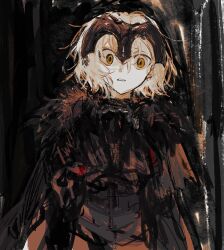 Rule 34 | 1girl, black background, black dress, dress, fate/grand order, fate (series), fur trim, hair between eyes, hapenka, headpiece, highres, jeanne d&#039;arc alter (fate), looking at viewer, open mouth, scared, short hair, solo, white hair, wide-eyed, yellow eyes