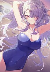 Rule 34 | 1girl, absurdres, armpits, artist request, blue one-piece swimsuit, breasts, cleavage, covered navel, hair over one eye, highres, large breasts, long hair, looking at viewer, medium breasts, one-piece swimsuit, original, purple hair, red eyes, ringozaka mariko, school swimsuit, solo, swimsuit, wet, wet clothes, wet swimsuit