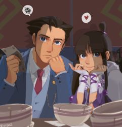 Rule 34 | 1boy, 1girl, ace attorney, black hair, blue suit, capelet, commentary, formal, hair bobbles, hair ornament, half updo, head rest, heart, holding, japanese clothes, jewelry, kimono, long hair, maya fey, necklace, necktie, pearl necklace, phoenix wright, phoenix wright: ace attorney - spirit of justice, red necktie, rica diaz, short hair, sidelocks, spoken heart, suit