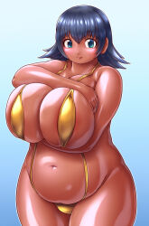 Rule 34 | 1girl, aburakkoi (nijiura maids), aqua eyes, bare arms, bare shoulders, belly, big belly, blue hair, breasts, cleavage, closed mouth, cowboy shot, dark-skinned female, dark blue hair, dark skin, fat, flipped hair, futaba channel, gradient background, groin, hair between eyes, huge breasts, kuma (kumahoihoi), legs together, looking at viewer, medium hair, navel, nijiura maids, one-piece swimsuit, outline, smile, solo, standing, swimsuit, thighs, tongue, tongue out, white outline, yellow one-piece swimsuit