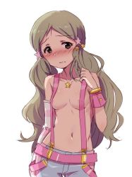 Rule 34 | 10s, 1girl, areola slip, bad id, bad twitter id, blush, bracelet, breasts, brown eyes, brown hair, embarrassed, h@ll, hair ornament, handa roco, idolmaster, idolmaster million live!, jewelry, long hair, million dreams (idolmaster), naked suspenders, necklace, simple background, small breasts, solo, suspenders, topless, twintails, white background