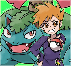 Rule 34 | 1boy, arm up, artist name, bad id, bad pixiv id, blue oak, border, creatures (company), fangs, game freak, gen 1 pokemon, green background, green outline, grin, hand on own hip, happy, highres, holding, holding poke ball, jewelry, long sleeves, looking at another, looking at viewer, male focus, matching hair/eyes, necklace, nintendo, open mouth, orange eyes, orange hair, outline, outstretched arm, poke ball, poke ball (basic), pokemon, pokemon (creature), pokemon rgby, purple shirt, red eyes, rorosuke, shirt, short hair, simple background, smile, spiked hair, standing, teeth, tongue, twitter username, upper body, v-shaped eyebrows, venusaur