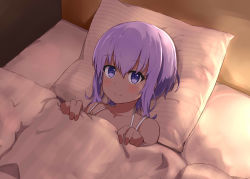 Rule 34 | 1girl, bare shoulders, blush, closed mouth, collarbone, commentary request, dark-skinned female, dark skin, fate/prototype, fate/prototype: fragments of blue and silver, fate (series), from above, hassan of serenity (fate), highres, indoors, light, looking at viewer, looking up, lying, okitsugu, on back, pillow, purple eyes, purple hair, revision, short hair, sleeveless, smile, solo, spaghetti strap, striped, striped pillow, tareme, under covers